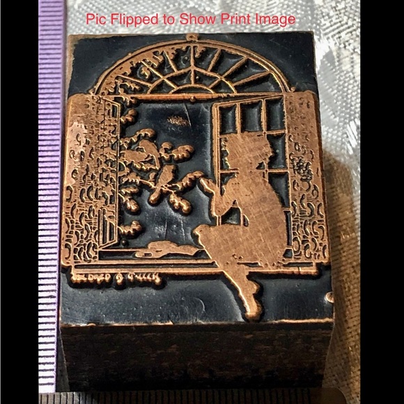 Antique Wooden Print Block Copper Child Window Bird - Picture 1 of 6